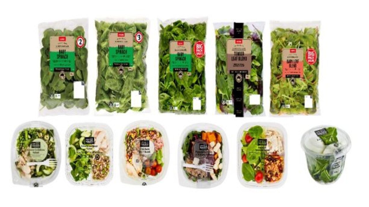 Recalled spinach products include Coles Spinach, Chef Blend Tender Leaf, Baby Leaf Blend, Kitchen Green Goddess Salad, Kitchen Chicken BLT Salad Bowl, Kitchen Roast Pumpkin, Fetta and Walnut Salad, Kitchen Smokey Mexican Salad, and Kitchen Egg and Spinach Pots. Picture: FSANZ