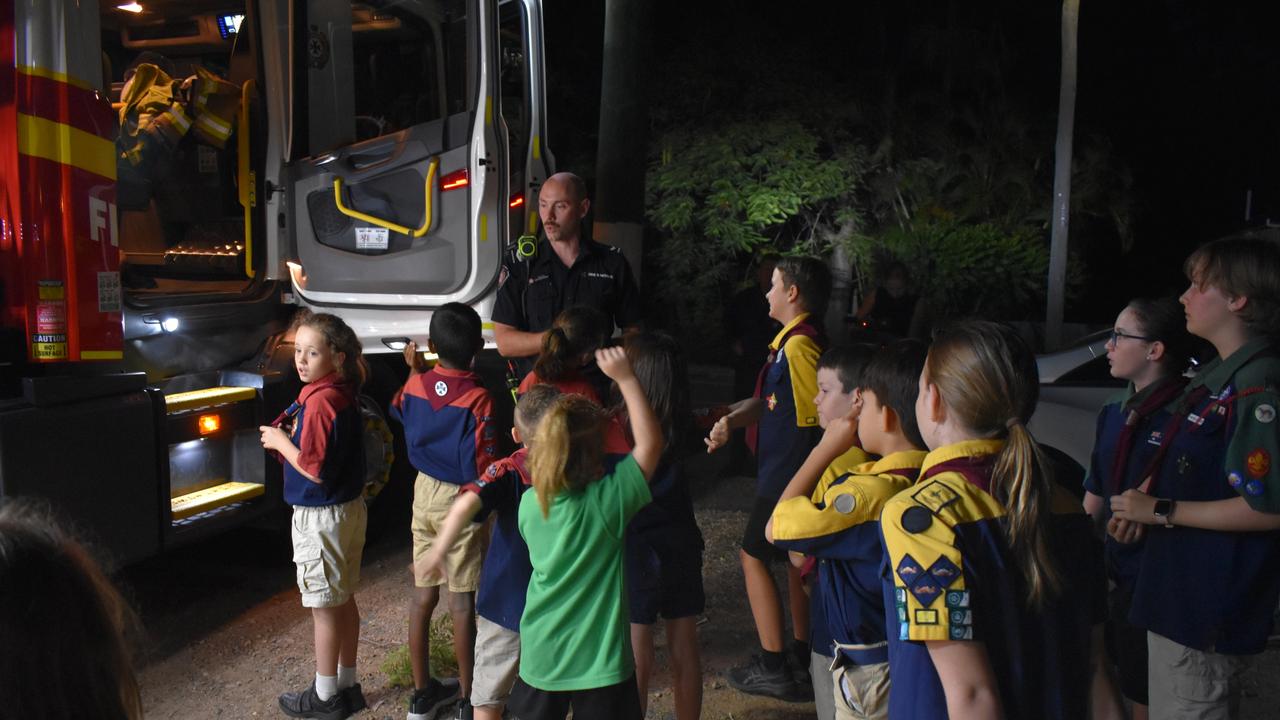 Rockhampton police officers and fire crews visited the Mount Archer Scout Group on Wednesday March 3, 2021. Photos: Vanessa Jarrett