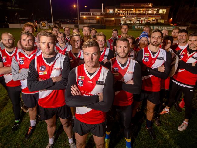 A COUNTRY team soaring on top of the ladder fears it will be wiped from competition within two years as it struggles to lure players and crowd numbers plummet. Coach Luke Tapscott (centre) and his charges at the Sorrento Football Club oval.Picture: Jay Town