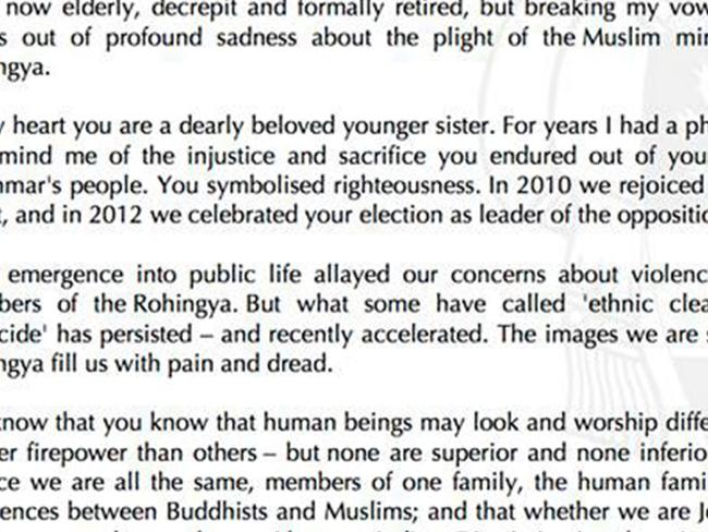 Desmond Tutu letter to Myanmar's Aung San Suu Kyi. Picture: Facebook