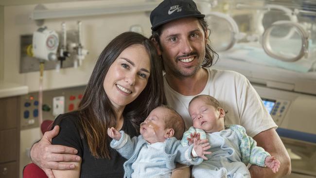 Zoe Starr and partner Luke Mitchell with their twins Sid and Otto at the Royal Womens Hospital. Picture: Jason Edwards