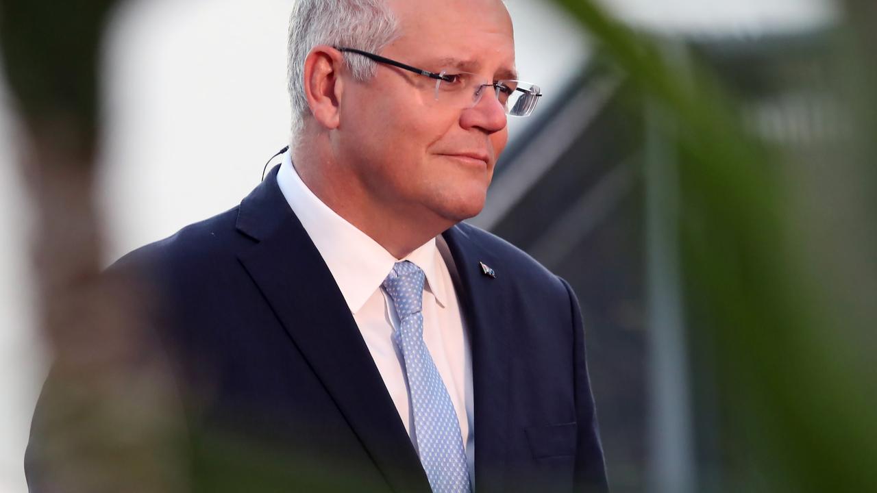 Scott Morrison during his live crosses to TV networks this morning. Picture: Gary Ramage 