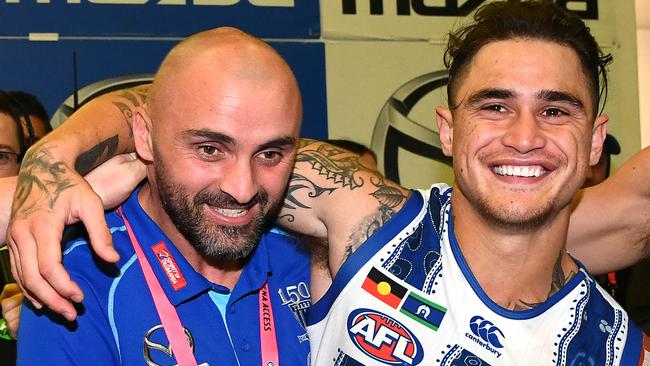 Rhyce Shaw celebrates with Marley Williams after North’s win over Richmond. Picture: Getty Images