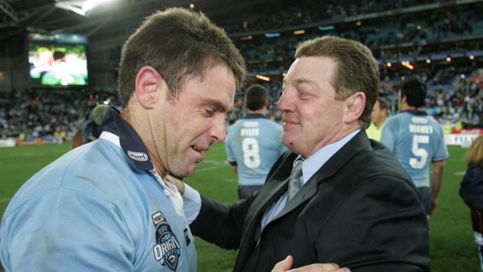 JULY 7, 2004 : Brad Fittler (L) celebrates with coach Phil Gould after Game 3 of State of Origin RL series NSW v Queensland at Homebush in Sydney 07/07/04. Pic Gregg Porteous.
Rugby League