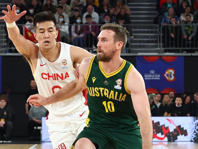 Mitch McCarron against China in the FIBA World Cup Asian Qualifier match in July. Picture: Graham Denholm/Getty Images.