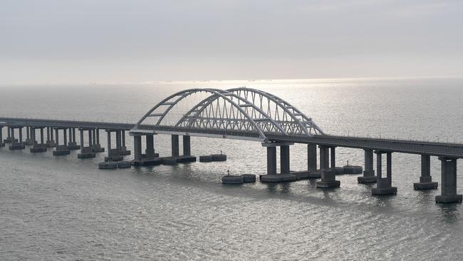 The Crimean Bridge that spans the Kerch Strait, a narrow strip that links the Azov and Black seas. Traffic has been halted while the bridge is being repaired. Picture: AFP