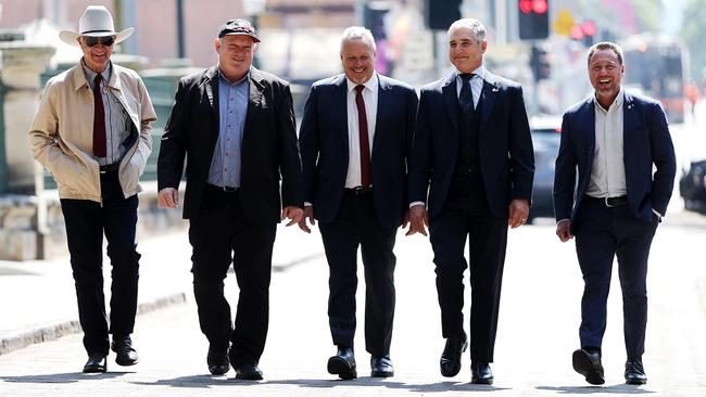 Bob Katter, the federal member for Kennedy, and Katter’s Australian Party’ Queensland state MPs Shane Knuth, Robbie Katter and Nick Dametto, with Former One Nation-turned Independent member for Mirani Stephen Andrew who has joined KAP ahead of next month’s elections. Picture: Nigel Hallett