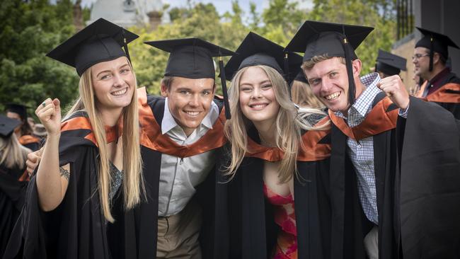 UTAS Graduation at the Hotel Grand Chancellor Hobart, Ella Lockley, Jack Schouten, Cassidy Dahlenburg and Michael Steel. Picture: Chris Kidd