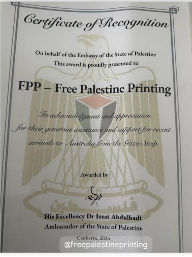 A screenshot of the certificate of recognition awarded to the Free Palestine Printing business from the Embassy of the State of Palestine. Picture: Supplied