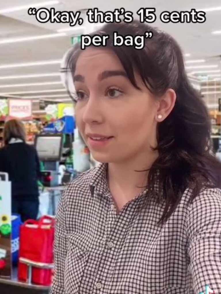 The woman was shocked when a supermarket worker asked if she wanted a bag. Picture: TikTok/@kayywuerf