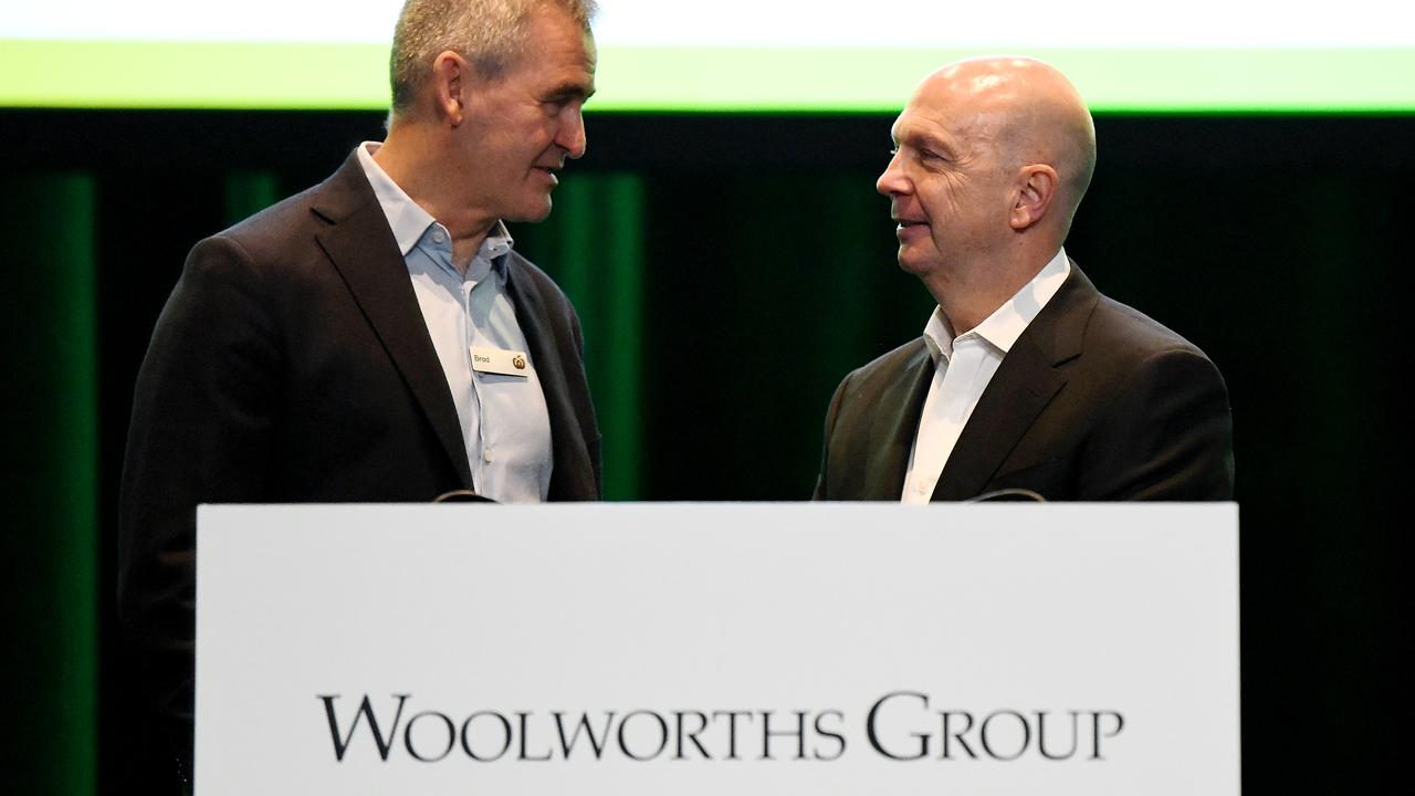 Woolworths CEO Brad Banducci (left) and Woolworths chairman Gordon Cairns, who said the company ‘did not do enough stakeholder engagement with a range of Aboriginal and Torres Strait Islander communities and organisations’. Picture: Bianca De Marchi/ AAP