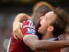 West Ham United's Senegalese striker Diafra Sakho (L) celebrates with West Ham United's English midfielder Mark Noble (R) after scoring his team's second goal during the English Premier League football match between West Ham United and Manchester City at Upton Park in London on February 11, 2014. AFP PHOTO / GLYN KIRK RESTRICTED TO EDITORIAL USE. No use with unauthorized audio, video, data, fixture lists, club/league logos or “live” services. Online in-match use limited to 45 images, no video emulation. No use in betting, games or single club/league/player publications.