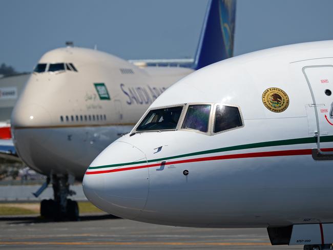 A close up of Mexico Enrique Pena Nieto arriving in his 757. In the background is the Saudi Arabian delegation’s mode of transport - a 747-SP, the smallest variant of the Boeing 747 series but designed especially for ultra-long-range flights,  Picture: AFP