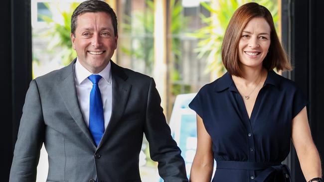 Matthew Guy and his wife Renae arrive at the Liberal’s campaign launch. Picture: Ian Currie