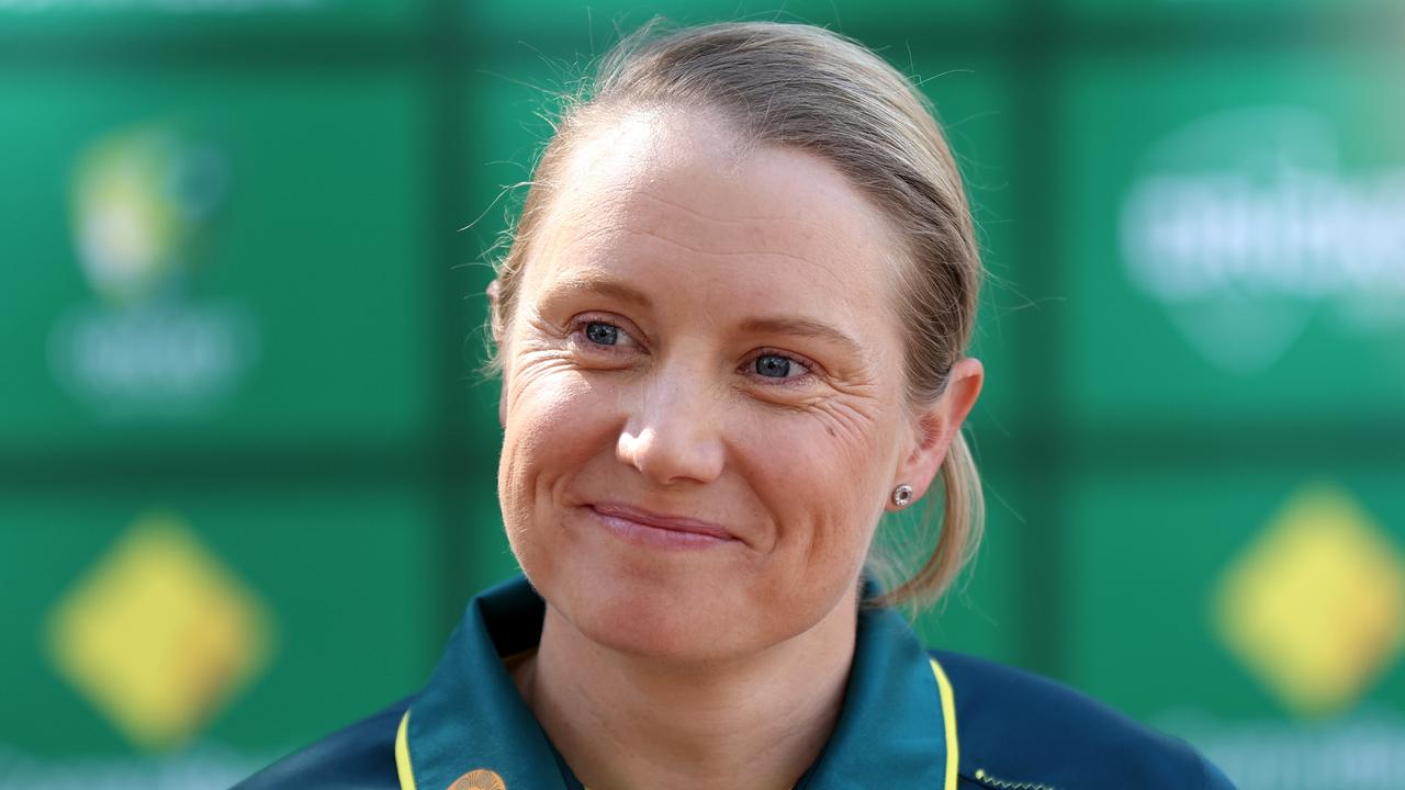 Alyssa Healy speaks to the media. Photo by Brendon Thorne/Getty Images for Cricket Australia