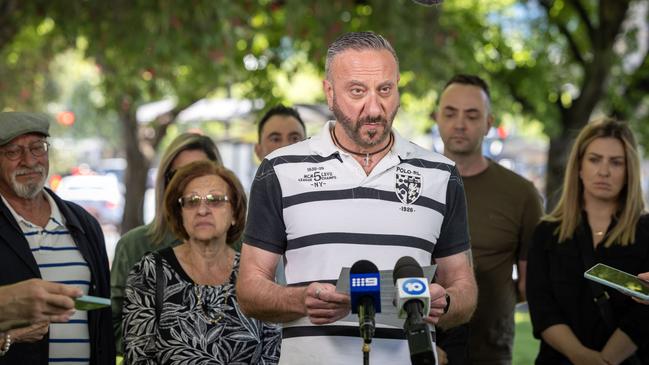 ADELAIDE, AUSTRALIA - NewsWIRE Photos OCTOBER 10, 2023: Dino De leso speaks to media on behalf of the De leso family outside the District court, today about the trial of eight bikie-linked men accused of the shooting murder of Jason De Ieso.  Picture: NCA NewsWIRE / Emma Brasier