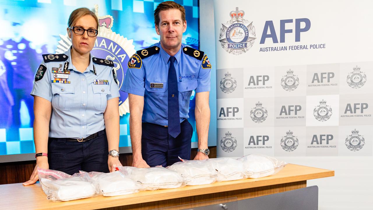 Police seized large amounts of methylamphetamine and cocaine, allegedly from the boot of a car owned by a Queensland man on the Spirit of Tasmania. AFP Assistant Commissioner Hilda Sirec and Tasmania Police Assistant Commissioner Rob Blackwood. Picture: Linda Higginson