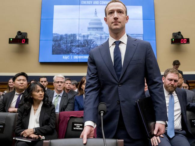 Facebook CEO Mark Zuckerberg testifying before a House Energy and Commerce hearing on Capitol Hill in Washington on April 11. Picture: Andrew Harnik