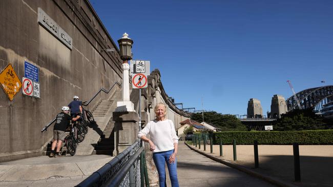 Joan Street from the Milsons Point Community group pictured where the proposed bike ramp will start, replacing the need to push bikes up 55 stairs. Picture: Damian Shaw