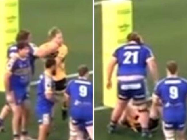 Noosa Pirates player Keegan McKinnon (number 21 with long hair) has been charged with grievous bodily harm following a on-field incident in September. Picture: BarTV Sports