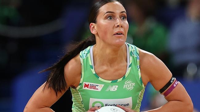 PERTH, AUSTRALIA - JUNE 16: Kelsey Browne of the Fever in action during the round 10 Super Netball match between West Coast Fever and NSW Swifts at RAC Arena, on June 16, 2024, in Perth, Australia. (Photo by Paul Kane/Getty Images)
