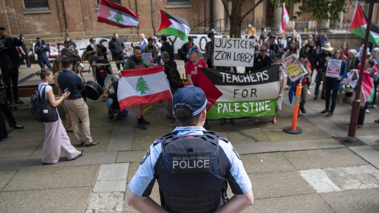 Protesters rally against NSW Police Commissioner Karen Webb who has lodged proceedings with the Supreme Court to stop pro-Palestine rallies in Sydney on Monday October 7. Picture: NewsWire / Simon Bullard