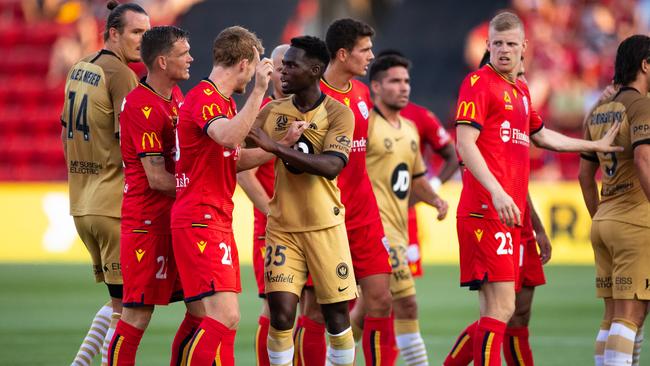 One of several flashpoints during the heated clash between Adelaide United and Western Sydney Wanderers at Hindmarsh Stadium. Picture: Daniel Kalisz/Getty Images