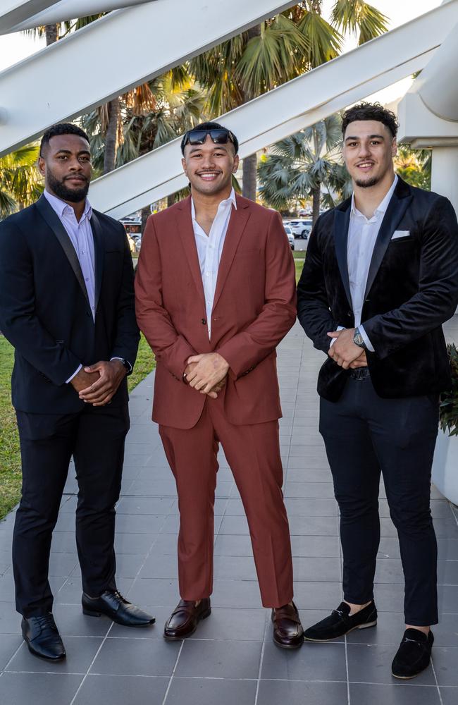 Semi Valemei, Kulikefu Finefeuiaki and Jamayne Taunoa-Brown. Cowboys 2024 Awards Presentation Night. 30/09/2024. Photo: Michael Chambers.