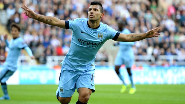 NEWCASTLE UPON TYNE, ENGLAND - AUGUST 17: Sergio Aguero of Manchester City celebrates after scoring his team's second goal during the Barclays Premier League match between Newcastle United and Manchester City at St James' Park on August 17, 2014 in Newcastle upon Tyne, England. (Photo by Jamie McDonald/Getty Images)