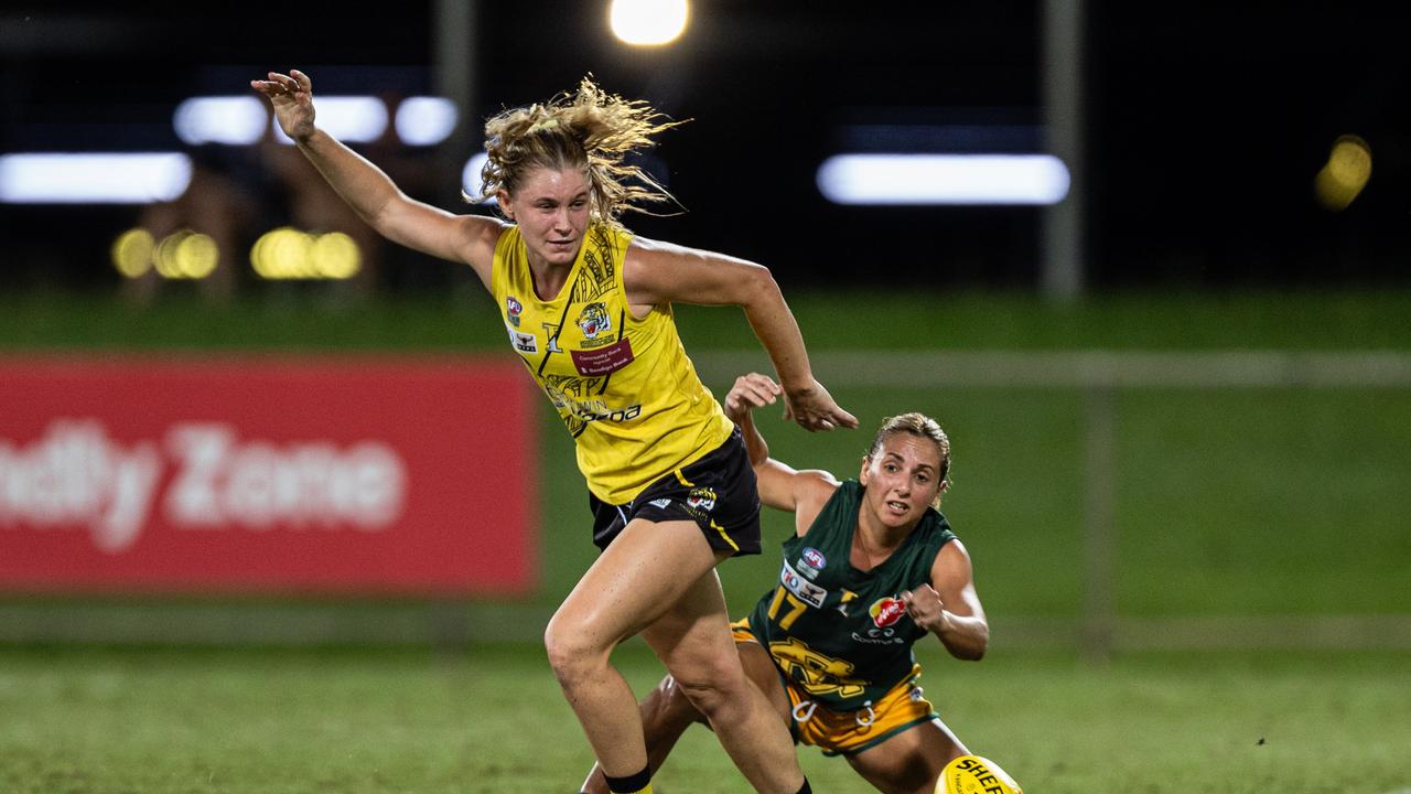 Sophie Hatzismalis and Nicky Anderson as St Mary's took on the Nightcliff Tigers in the 2024-25 NTFL women's qualifying final. Picture: Pema Tamang Pakhrin