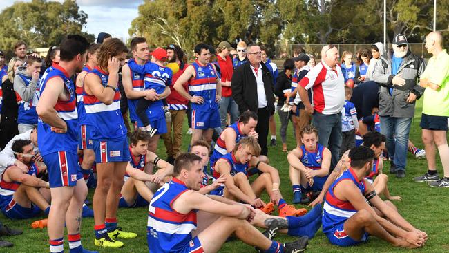 Rosewater players after being defeated by Trinity Old Scholars in the 2019 Adelaide Footy League division six grand final. Picture: Keryn Stevens