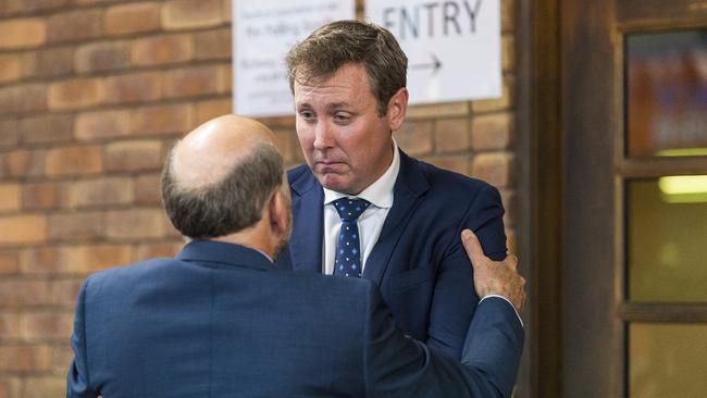 Groom LNP preselection winning candidate Garth Hamilton (right) talks to failed candidate David van Gend, Sunday, October 25, 2020. Picture: Kevin Farmer