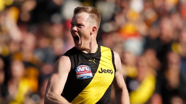 MELBOURNE, AUSTRALIA - SEPTEMBER 28: Jack Riewoldt of the Tigers celebrates a goal  during the 2019 AFL Grand Final match between the Richmond Tigers and the Greater Western Sydney Giants at Melbourne Cricket Ground on September 28, 2019 in Melbourne, Australia. (Photo by Darrian Traynor/AFL Photos/via Getty Images )