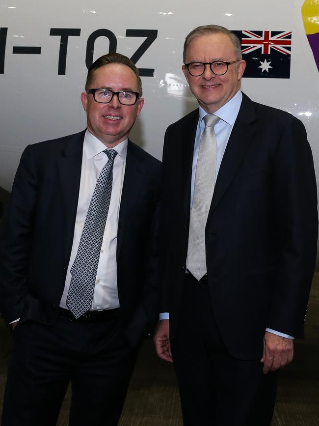 Anthony Albanese and Alan Joyce at the launch of the Qantas 'Yes' Campaign. Picture: NCA Newswire / Gaye Gerard