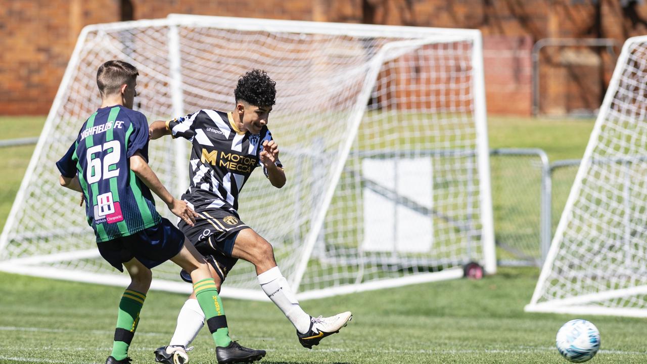 Issa Khalaf scores for Willowburn White against Highfields in Football Queensland Darling Downs Community Juniors U14/15 Junior League grand final at Clive Berghofer Stadium, Saturday, August 31, 2024. Picture: Kevin Farmer