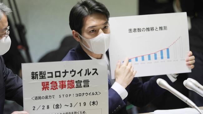 Hokkaido Governor Naomichi Suzuki declares a state of emergency during a meeting on the new COVID-19 coronavirus in Hokkaido prefecture on February 28. Picture: STR / JIJI PRESS / AFP / Japan OUT