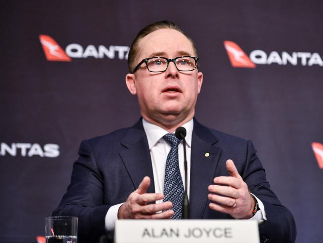 Alan Joyce addresses the media in Sydney on Thursday. Picture: Flavio Brancaleone