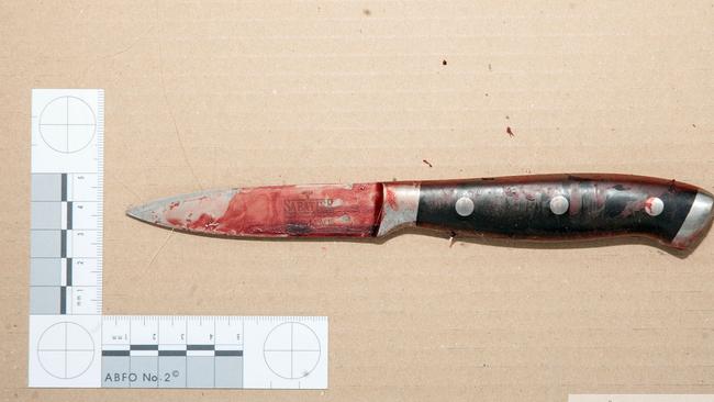 A knife seized by police was shown to the jury at Maidstone Crown Court during the trial of Joshua Stimpson who has admitted stabbing his girlfriend, Molly McLaren, to death in a shopping centre car park but denies murder. Picture: Kent Police/PA