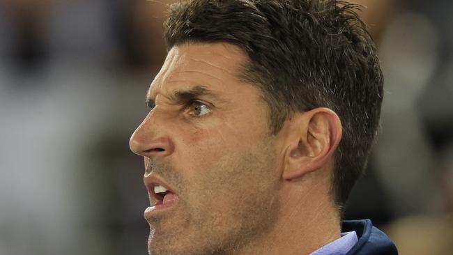 SYDNEY, AUSTRALIA - MAY 01: Bulldogs coach Trent Barrett looks on during the round eight NRL match between the Canterbury Bulldogs and the Parramatta Eels at Stadium Australia, on May 01, 2021, in Sydney, Australia. (Photo by Mark Evans/Getty Images)