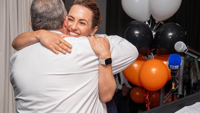 Country Liberal Party leader Lia Finocchiaro and party president Shane Stone embrace after her 2024 Northern Territory election win. Picture: Pema Tamang Pakhrin