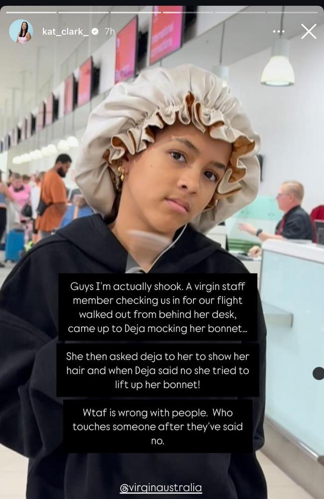 Gold Coast TikTok star Kat Clark speaks out after Virgin Australia staffer mocked 13-year-old daughter, Deja's hair accessory. Photo: Instagram.