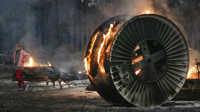 Jessica Tregellas, 12, walks her dog past a burnings NBN cable spools on scorched property at Mallacoota. Picture: David Caird