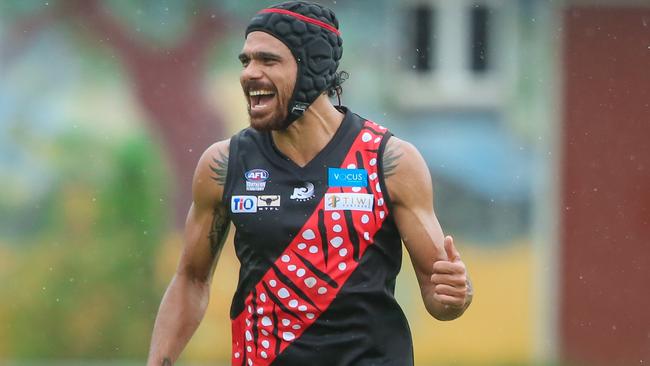 Cyril Rioli celebrates after kicking a goal for the Tiwi Bombers. Picture: Glenn Campbell