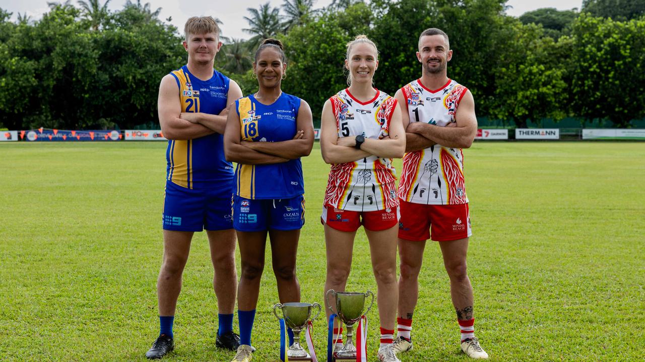 Wanderers players Jeremy Piercy and Tiffany Parriman with Waratah players Brittany Daly and Dylan Collis ahead of the 2024-25 NTFL Foundation Cup in Round 15. Picture: Pema Tamang Pakhrin