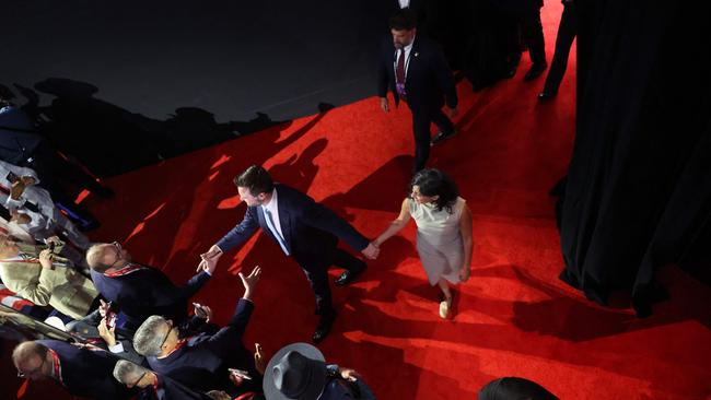 Senator JD Vance and his wife Usha Chilukuri Vance arrive on the first day of the Republican National Convention. Picture: Getty Images via AFP