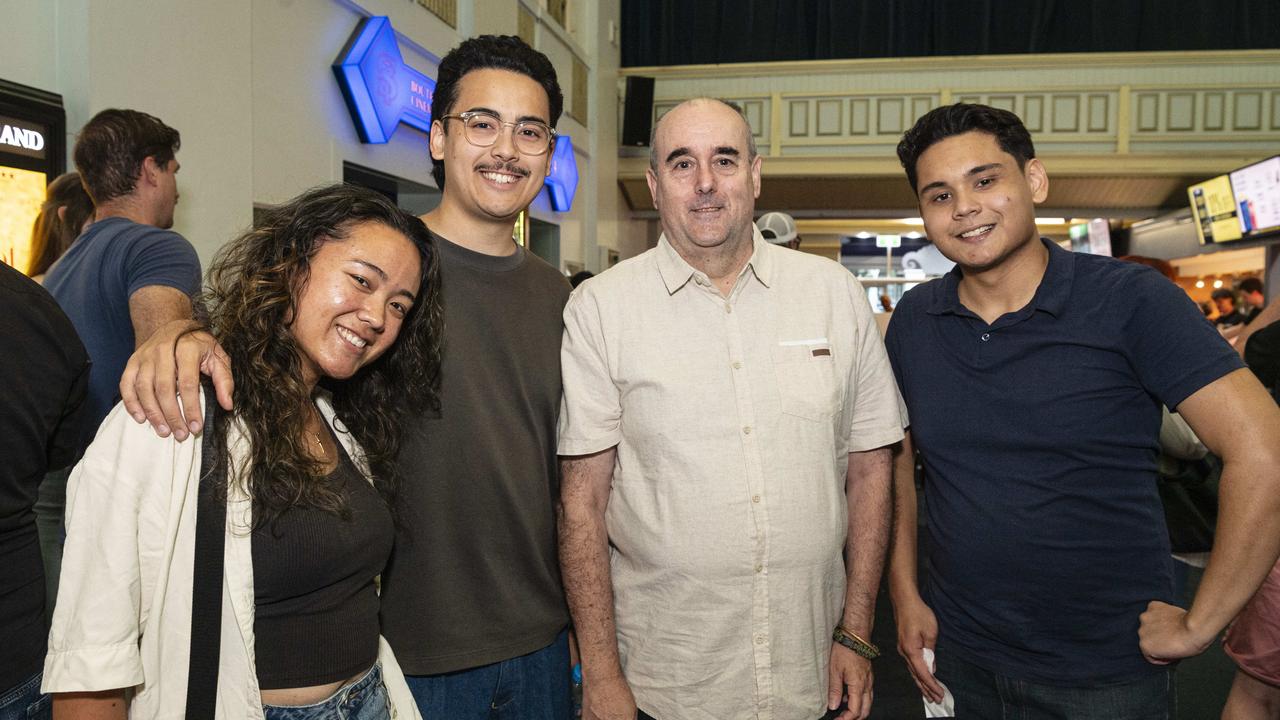 At a special Q&amp;A screening of Spit are (from left) Regina, Tim, Bryan and Matthew Entwistle at BCC Cinemas Toowoomba Strand. Tim is an extra in the movie, Tuesday, February 11, 2025. Picture: Kevin Farmer