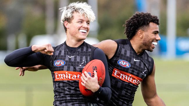 Collingwood rising stars Jack Ginnivan and Isaac Quaynor are best mates. Picture: Jake Nowakowski