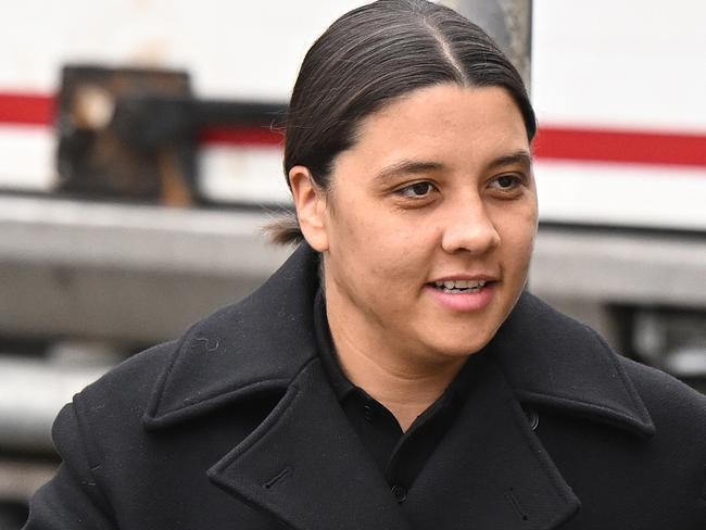 KINGSTON UPON THAMES, ENGLAND - FEBRUARY 3: Australian footballer Sam Kerr arrives outside the Crown Court ahead of her trial for a racial harassment case on February 3, 2025 in Kingston upon Thames, England. The Matildas star, who also plays professionally for Chelsea in the Women's Super League, is facing charges of "racially aggravated harassment" of a police officer related to an incident in Twickenham on January 30, 2023.  (Photo by Leon Neal/Getty Images)