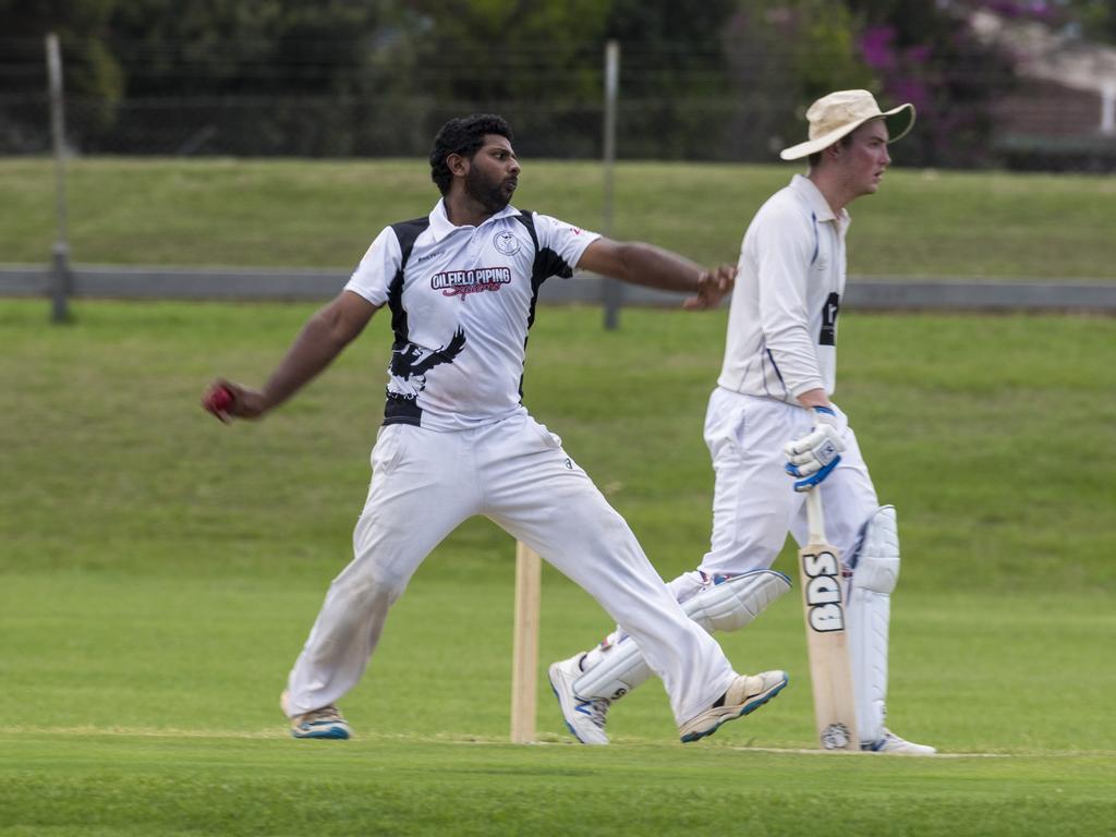 Rahul Suresh bowls for Southern Districts against University in Toowoomba Cricket reserve grade one day grand final at Captain Cook Reserve, Saturday, December 19, 2020. Picture: Kevin Farmer