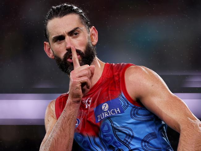 ADELAIDE, AUSTRALIA - MAY 19: Brodie Grundy of the Demons celebrates a goal during the 2023 AFL Round 10 match between Yartapuulti/Port Adelaide Power and Narrm/Melbourne Demons at Adelaide Oval on May 19, 2023 in Adelaide, Australia. (Photo by James Elsby/AFL Photos via Getty Images)